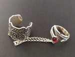 Armenian alphabet double ring with chains Feather red stone Adjustable  SILVER 925