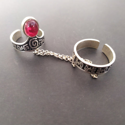 Double ring silver Lab garnet Adjustable STERLING SILVER 925