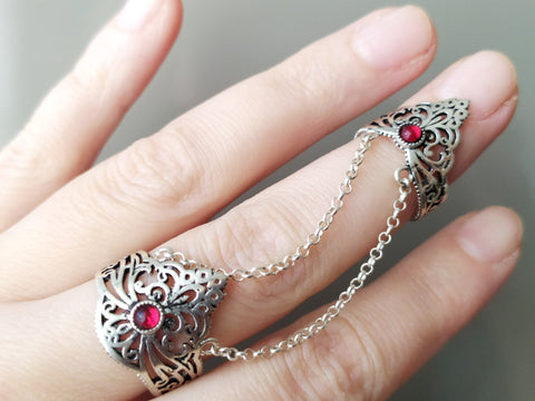 Double ring Sterling silver 925 lab red garnet gemstone