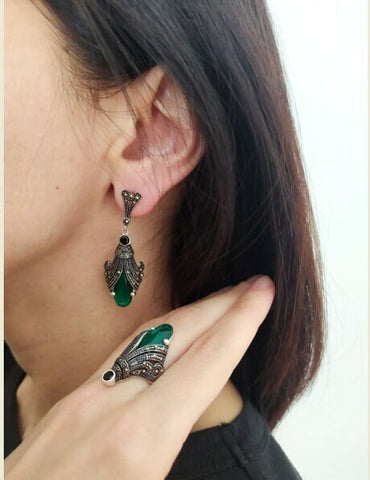 Ring Silver 925 Marcasite Emerald green