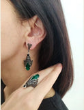 Silver 925 Marcasite Emerald green EARRINGS Very long Green