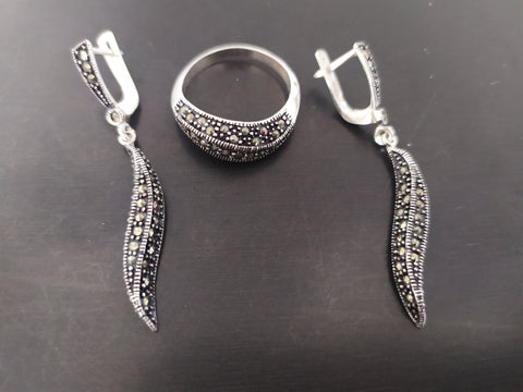 Long delicate earrings and ring marcasite Sterling silver 925
