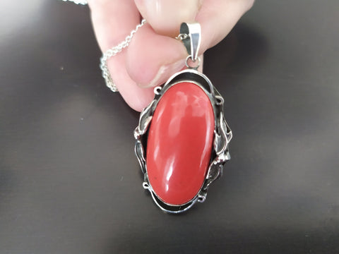 Pendant handmade Sterling silver 925 Natural red coral Oval