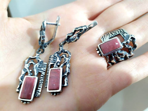 Silver 925 earrings and ring Pink rhodonite gemstone