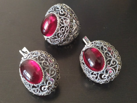 Dome ring and earrings Red Jewelry Silver 925 Set