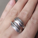 Feather ring SILVER 925 Adjustable rings women men unisex Boho feather jewelry