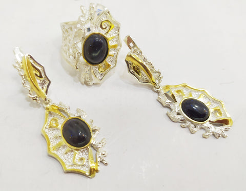 Earrings and ring Aventurine dark blue navy Sterling silver 925 Gold plated
