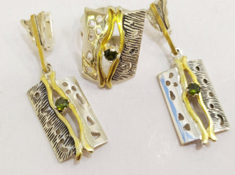 Jewelry set earrings ring Green zircon Sterling silver 925 Gold plated