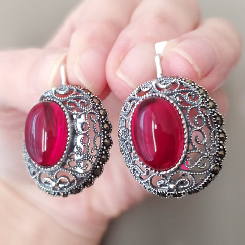 Dome earrings Red stone STERLING SILVER 925  marcasite