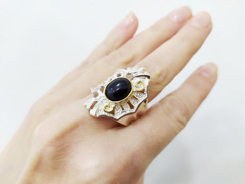 Jewelry ring Aventurine dark blue navy Sterling silver 925 Gold plated parts