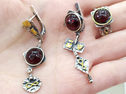Set sterling silver 925 garnet natural burgundy EARRINGS and RING gold plated
