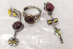 Set sterling silver 925 garnet natural burgundy EARRINGS and RING gold plated