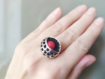 Small ring silver 925 with round lab coral inside Oxidized black