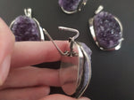 Sterling silver set Natural amethyst geode Earrings Ring Pendant