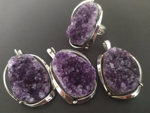 Sterling silver set Natural amethyst geode Earrings Ring Pendant