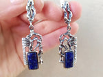 Silver 925 earrings dangle long blue lapis lazuli gemstone