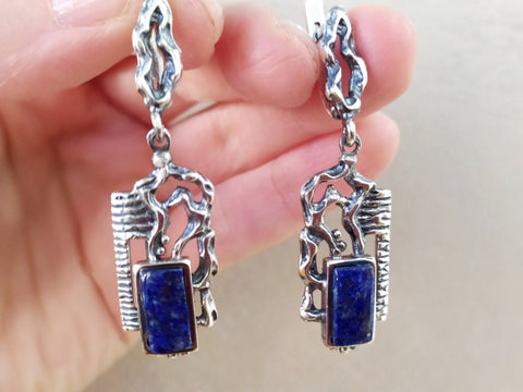 Silver 925 earrings dangle long blue lapis lazuli gemstone