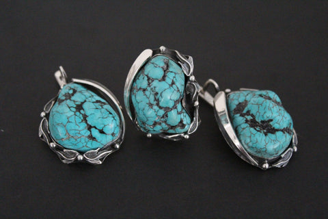 Natural turquoise earrings dangle and ring Silver 925 Armenian One of a kind