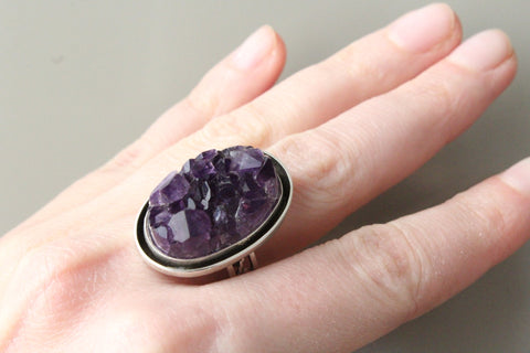 Amethyst ring druze purple jewelry STERLING SILVER 925