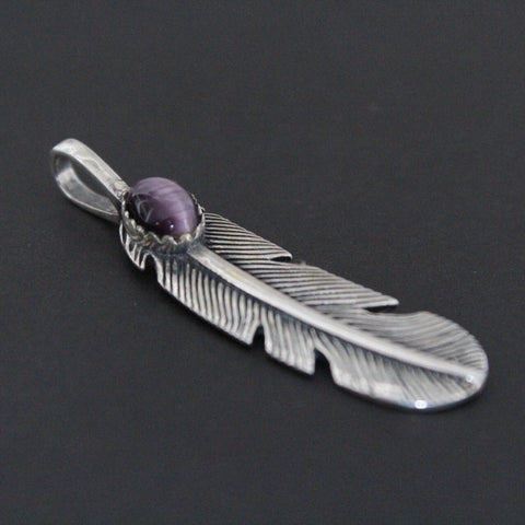 Pendant feather with purple tiger eye gemstone Sterling silver 925