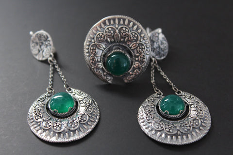 Jadeite green Sterling Silver SET earrings Dangle long with chains and Ring
