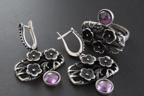 Silver 925 Earrings and ring floral with purple lab quartz