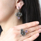 Ring Silver 925 floral with purple lab quartz