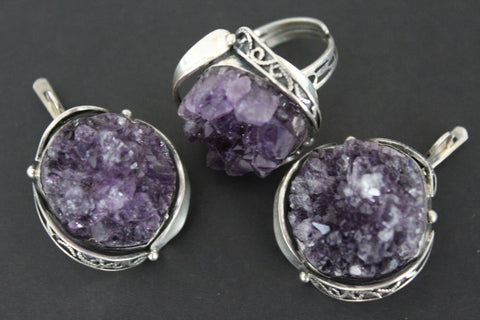 Real Amethyst earrings druze purple drusy STERLING SILVER 925