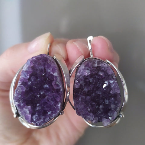 Earrings purple amethyst drusy Sterling silver 925  artisan design