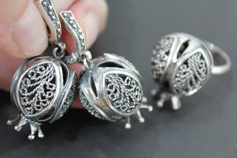 Pomegranate set earrings ring filigree Sterling silver 925