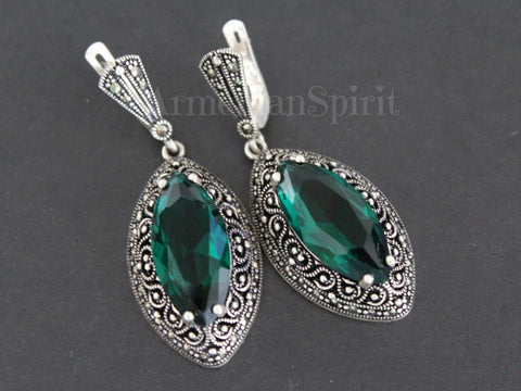 Earrings marcasite sterling silver 925 green lab topaz