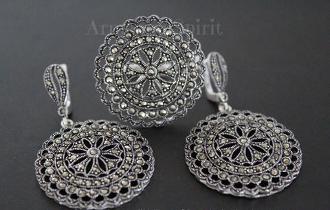 Sterling silver 925 big ring earrings Marcasite