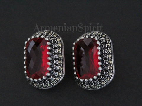 Earrings marcasite sterling silver 925 rectangle red lab topaz and white zircons
