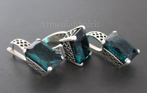 Ring and small earrings Sterling silver 925 Teal stones