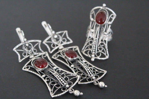 Earrings and ring Sterling silver 925 and natural carnelian gemstone