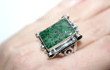 Sterling silver 925 SET Earrings ring pendant natural Aventurine green with sequins One of a kind