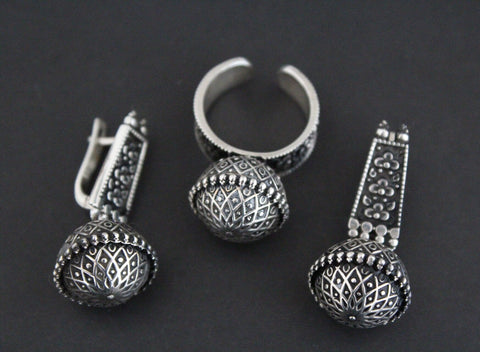 Earrings and ring black STERLING SILVER 925 floral