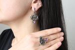 Silver 925 Earrings and ring floral with purple lab quartz