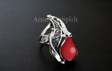 Sterling silver 925 Ring natural red coral bamboo gemstone One of a kind