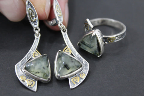 Set sterling silver 925 prehnite natural green EARRINGS and RING gold plated