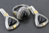 RING and Earrings Natural obsidian dark brown Sterling Silver 925 gold plated