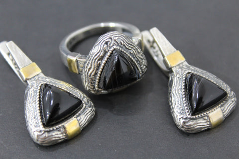 RING and Earrings Natural obsidian dark brown Sterling Silver 925 gold plated