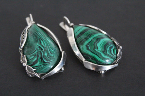 Earrings Sterling silver 925 with malachite gemstone Handmade Armenian jewelry