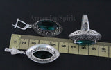 Earrings marcasite sterling silver 925 green lab topaz