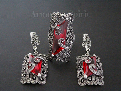 Sterling silver 925 red stone topaz Earrings and ring handmade