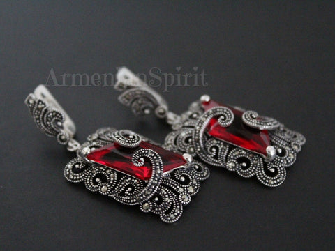 Earrings sterling silver 925 Red lab topaz stone Luxury jewelry