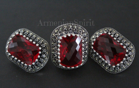 Set marcasite  silver 925 earrings ring lab red topaz white zircons
