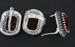 Set marcasite  silver 925 earrings ring lab red topaz white zircons