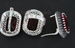 Earrings marcasite sterling silver 925 rectangle red lab topaz and white zircons