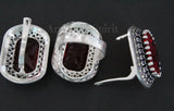 Earrings marcasite sterling silver 925 rectangle red lab topaz and white zircons